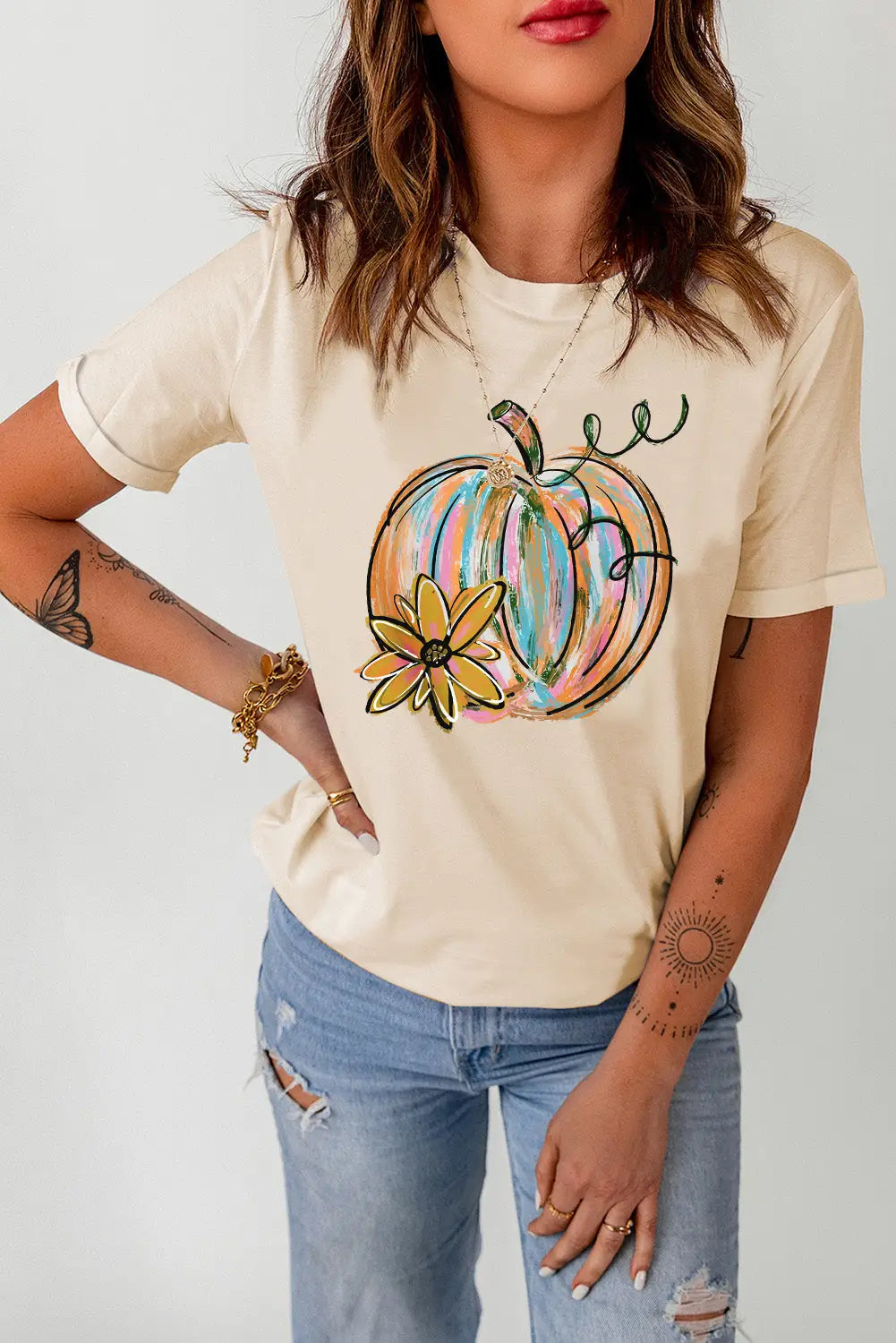 Khaki pumpkin with flower graphic t shirt - t-shirts