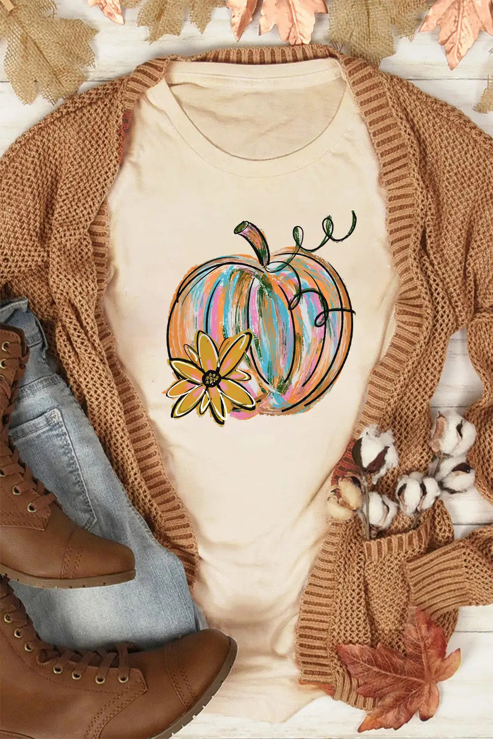 Khaki pumpkin with flower graphic t shirt - s /