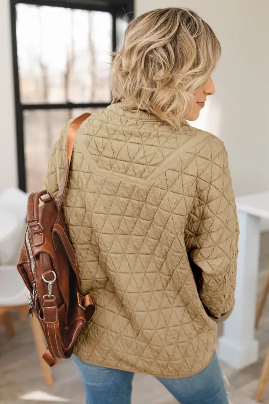 Khaki quilted button front funnel neck jacket - outerwear