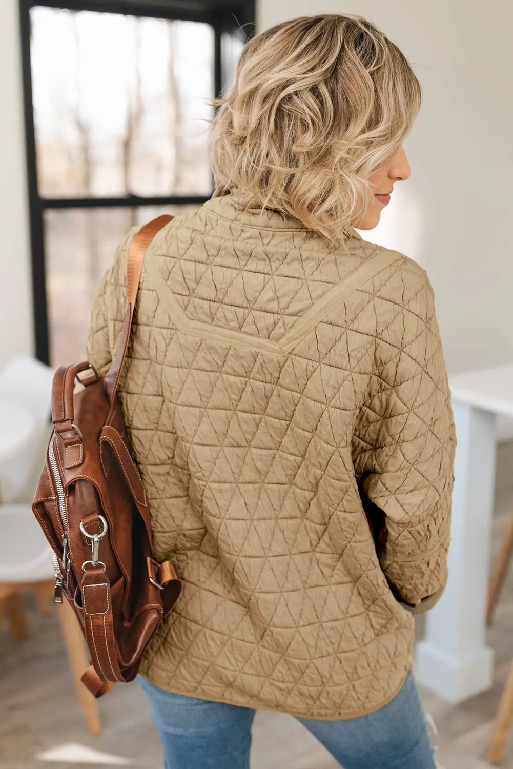Khaki quilted button front funnel neck jacket - jackets