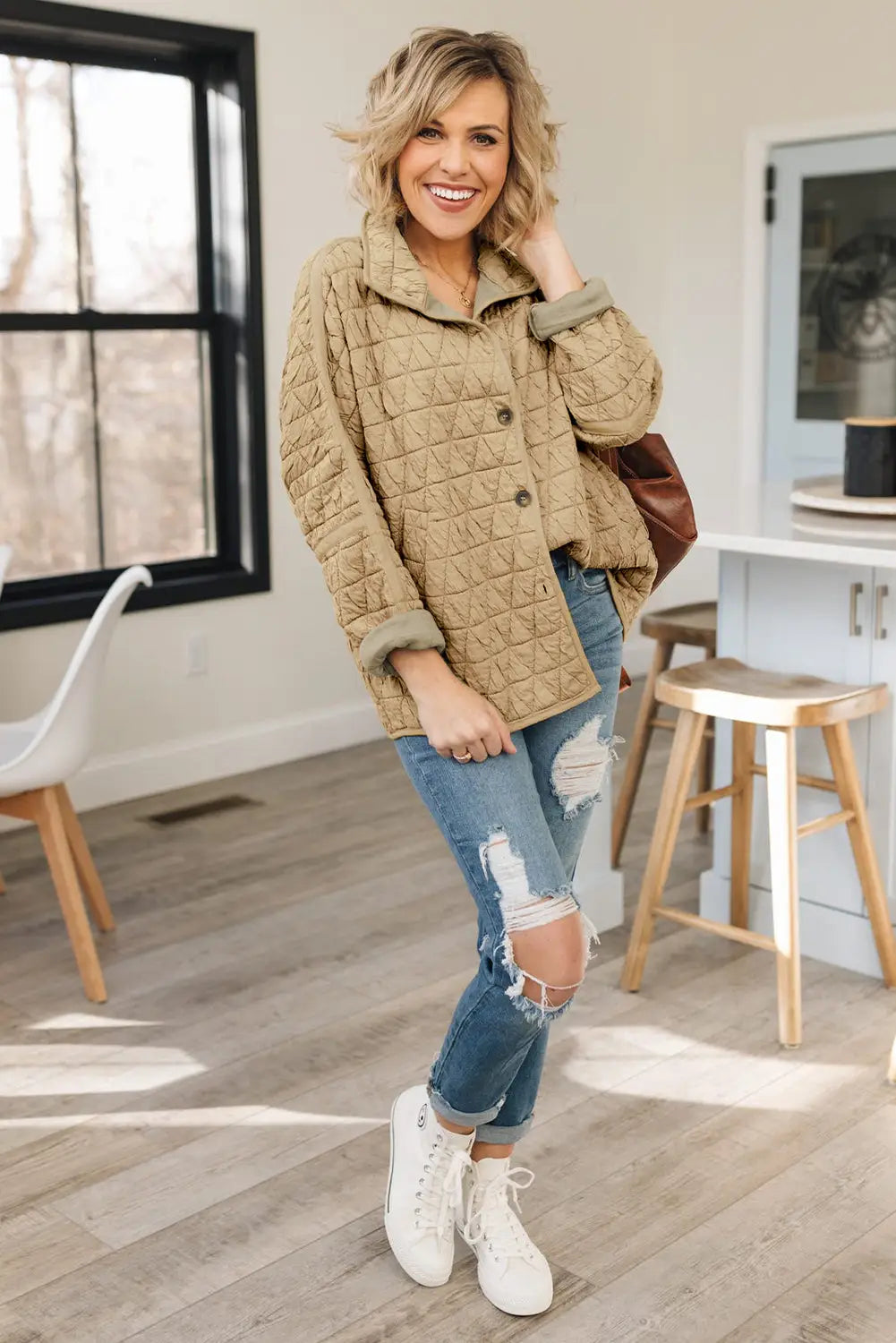 Khaki quilted button front funnel neck jacket - jackets