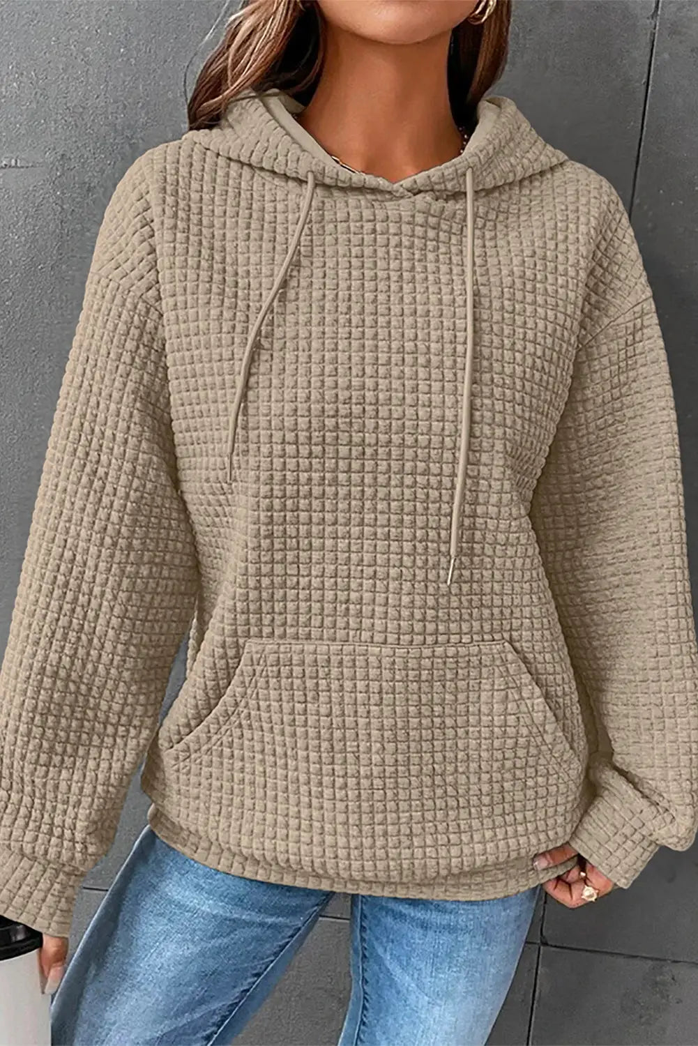 Khaki quilted kangaroo pocket drawstring hoodie - s / 95% polyester + 5% elastane - sweatshirts & hoodies