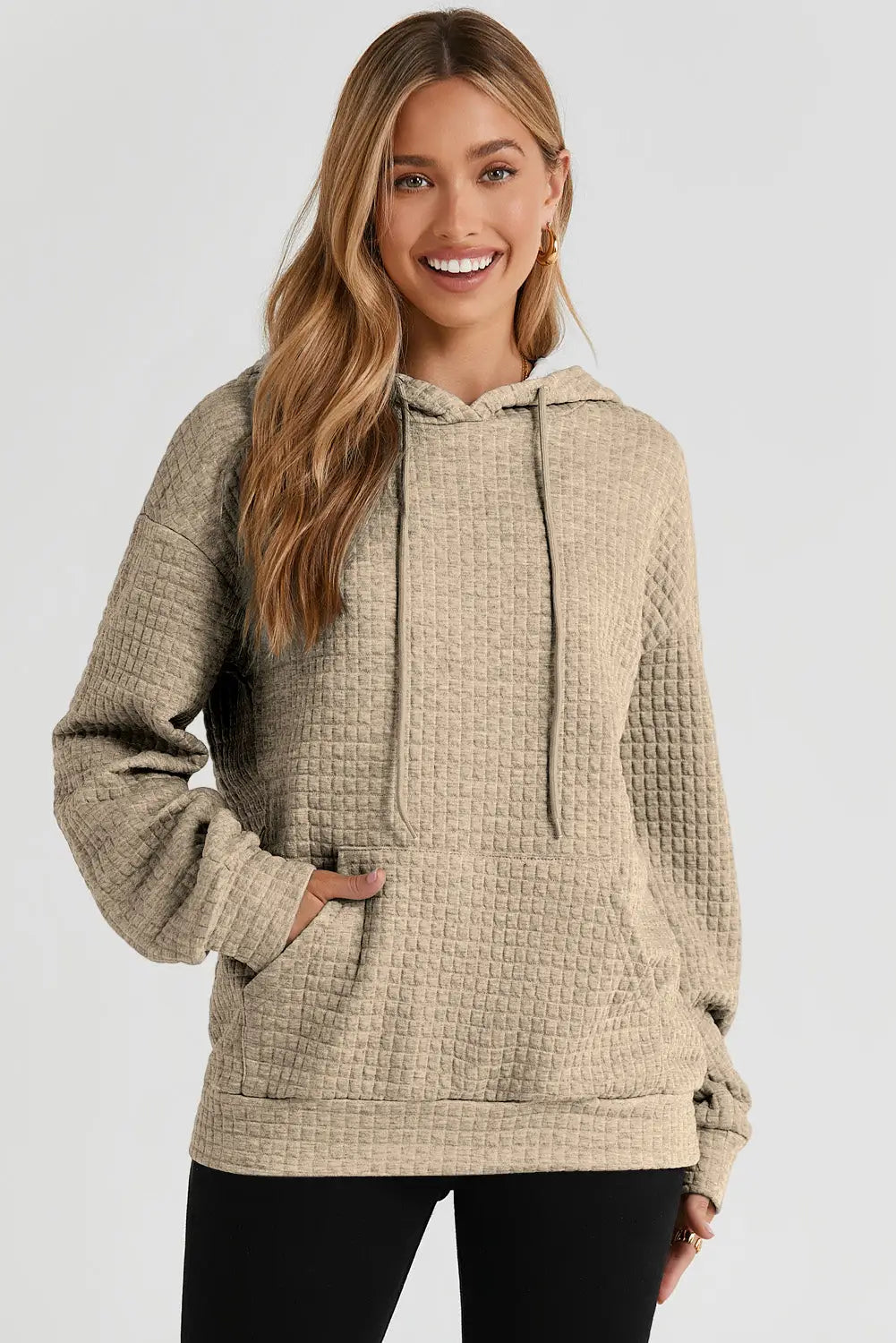 Khaki quilted kangaroo pocket drawstring hoodie - sweatshirts & hoodies