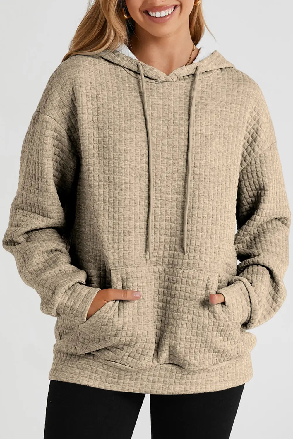 Khaki quilted kangaroo pocket drawstring hoodie - sweatshirts & hoodies