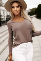 Khaki Ribbed Knit Patched Chest Pocket V Neck Top - Fashionfitz