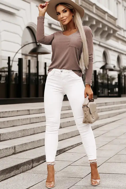 Khaki ribbed knit patched chest pocket v neck top - long sleeve tops