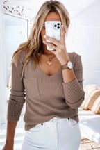 Khaki Ribbed Knit Patched Chest Pocket V Neck Top - Fashionfitz