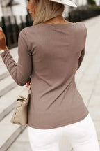 Khaki Ribbed Knit Patched Chest Pocket V Neck Top - Fashionfitz