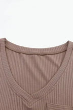 Khaki Ribbed Knit Patched Chest Pocket V Neck Top - Fashionfitz