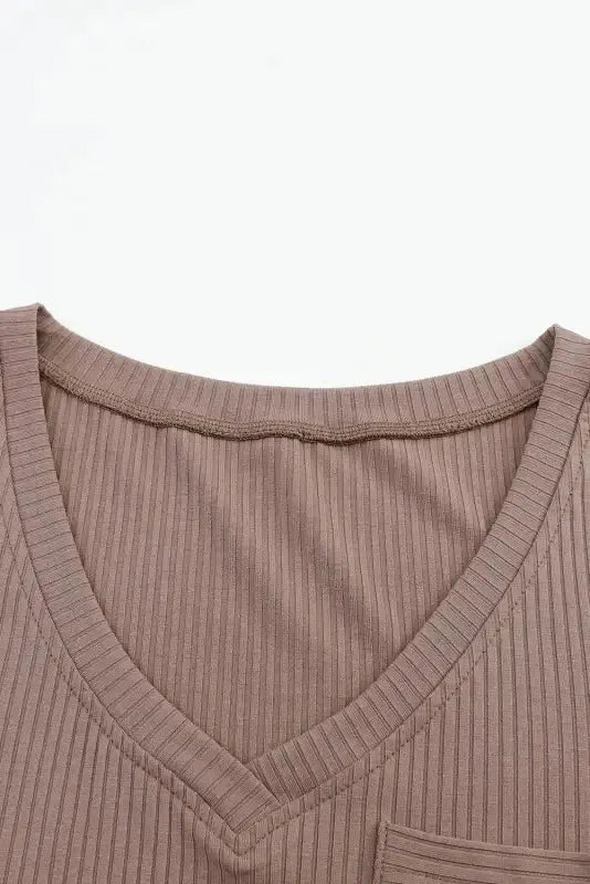 Khaki Ribbed Knit Patched Chest Pocket V Neck Top - Fashionfitz