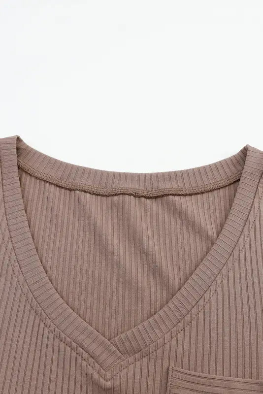 Khaki ribbed knit patched chest pocket v neck top - long sleeve tops