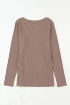 Khaki Ribbed Knit Patched Chest Pocket V Neck Top - Fashionfitz