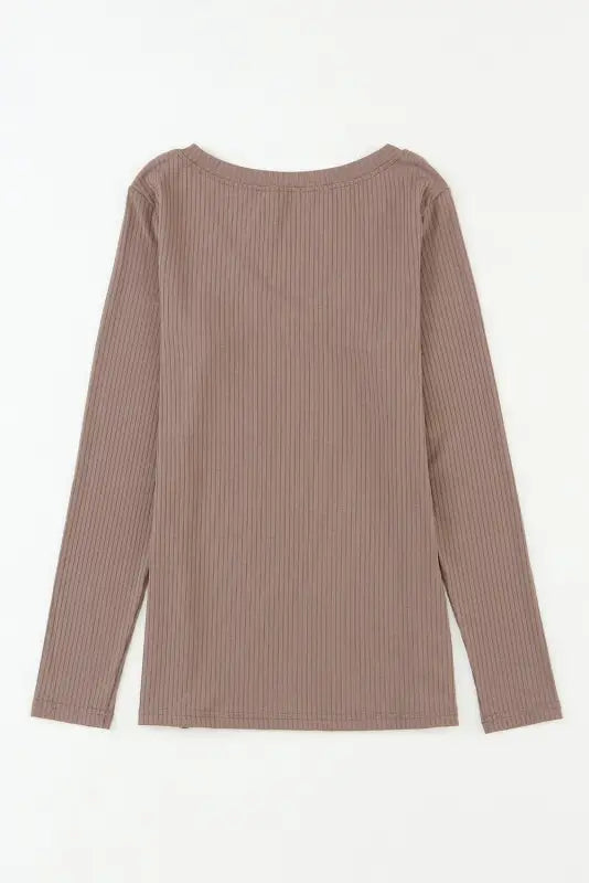 Khaki ribbed knit patched chest pocket v neck top - long sleeve tops