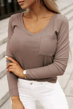 Khaki Ribbed Knit Patched Chest Pocket V Neck Top - Fashionfitz