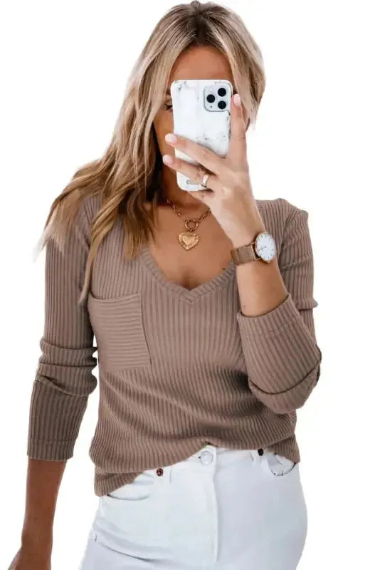 Khaki Ribbed Knit Patched Chest Pocket V Neck Top - Fashionfitz