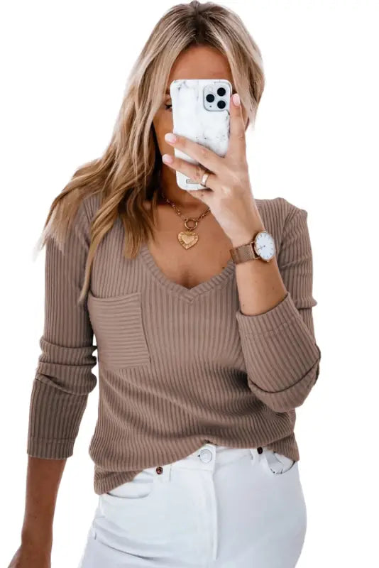 Khaki ribbed knit patched chest pocket v neck top - long sleeve tops