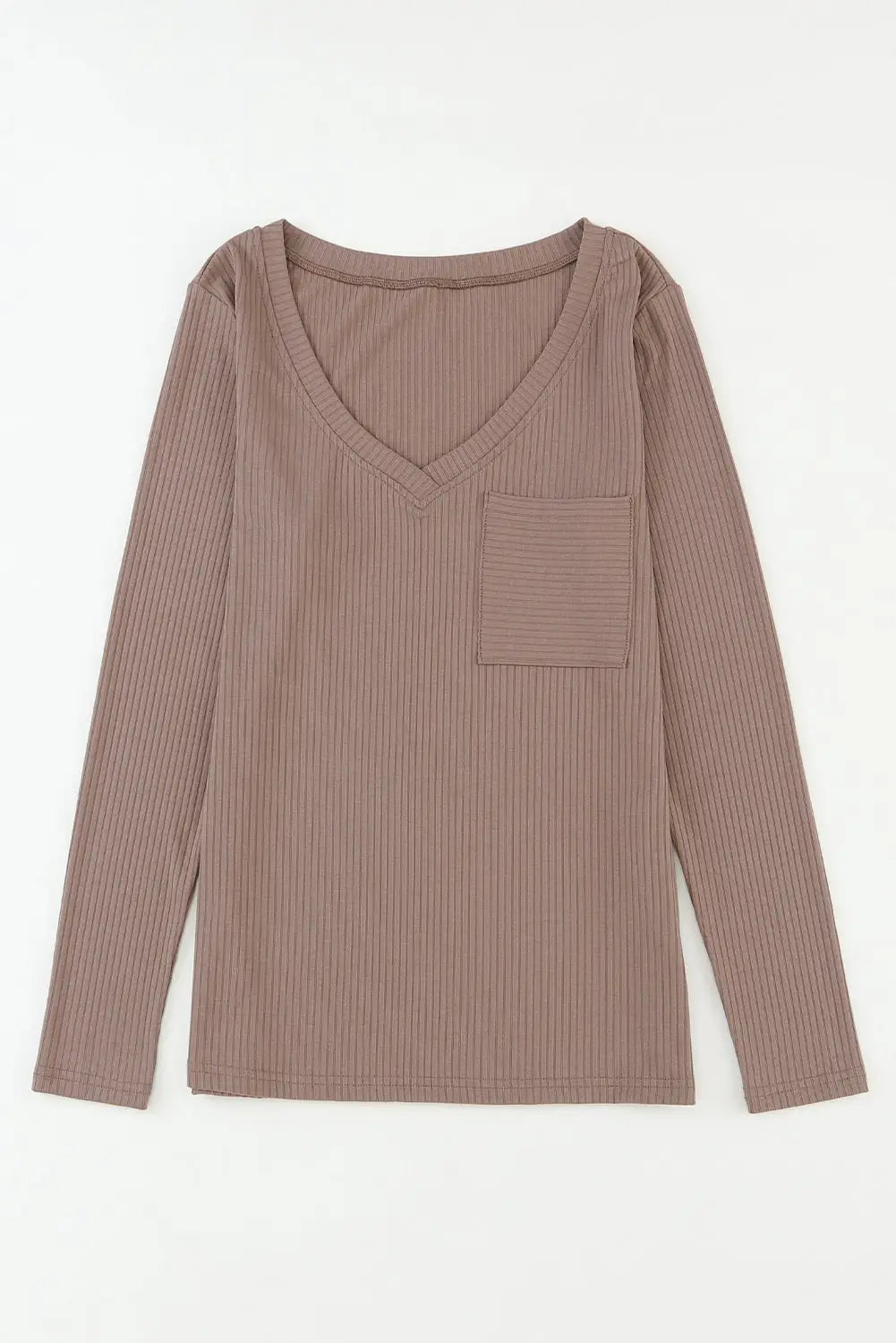 Khaki ribbed knit patched chest pocket v neck top - long sleeve tops