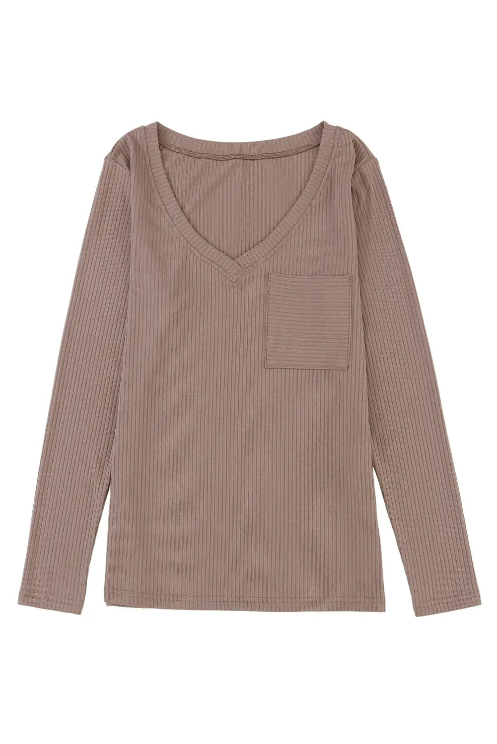 Khaki ribbed knit patched chest pocket v neck top - long sleeve tops