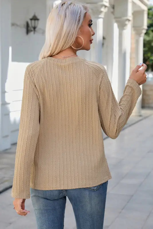 Khaki ribbed round neck knit long sleeve top