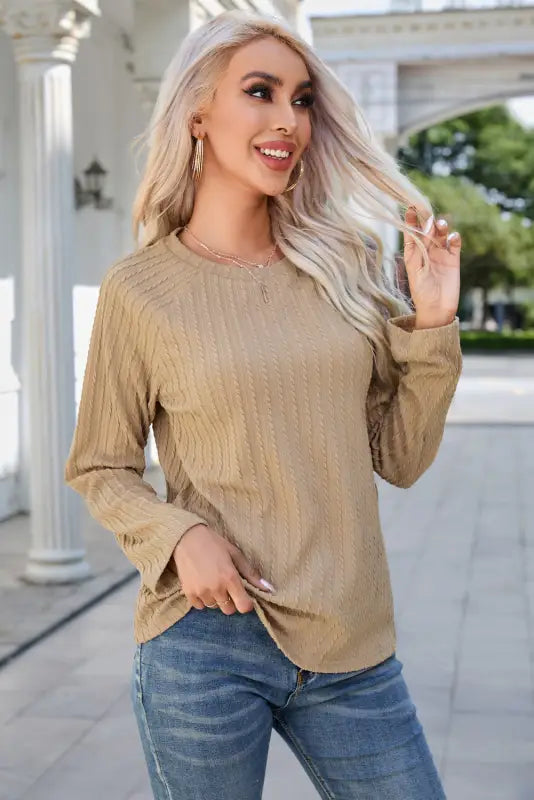 Khaki ribbed round neck knit long sleeve top