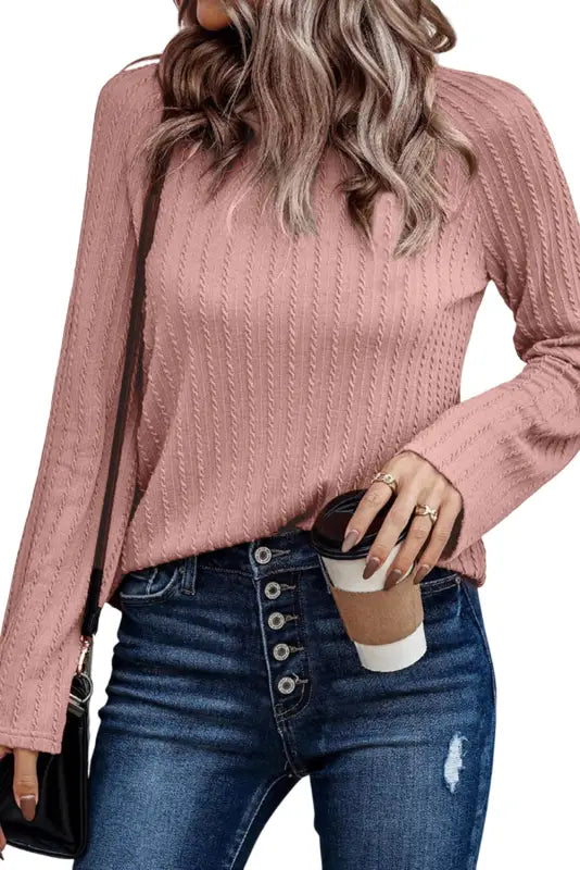 Khaki ribbed round neck knit long sleeve top