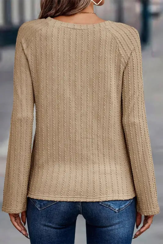 Khaki ribbed round neck knit long sleeve top