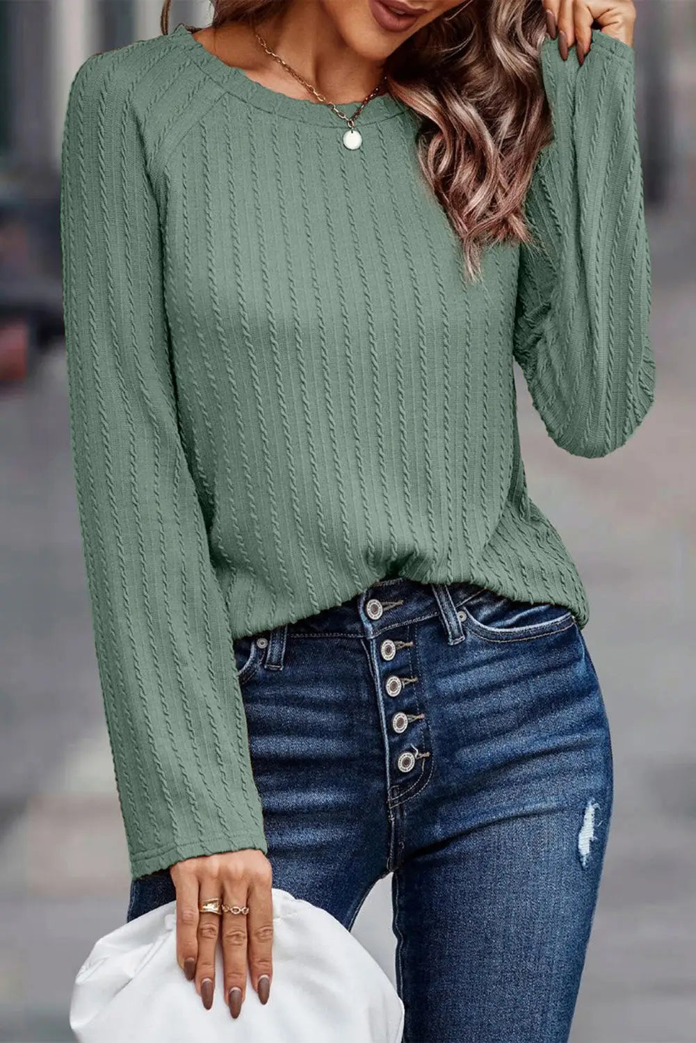Khaki ribbed round neck knit long sleeve top - green / s / 95% polyester + 5% elastane - tops