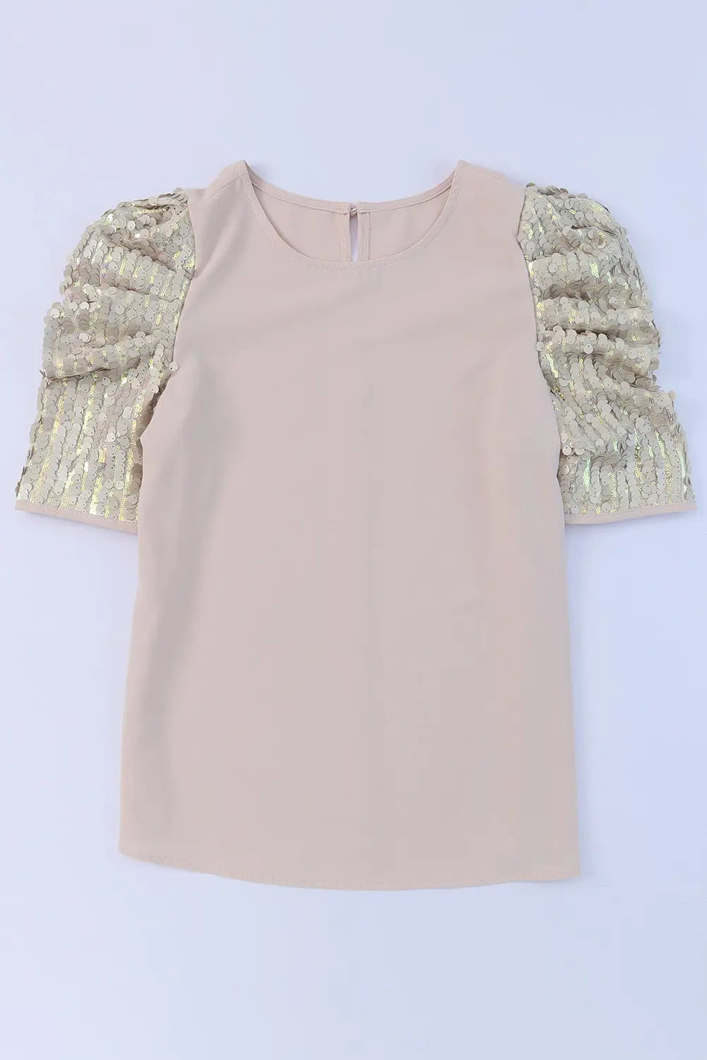 Khaki ruched sequin sleeve crew neck top - t-shirts