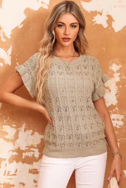 Khaki ruffle short sleeves cable knit textured top - s / 100% cotton - t-shirts