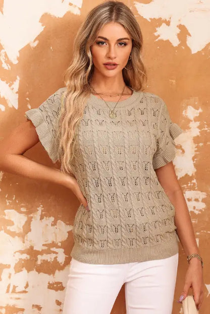 Khaki ruffle short sleeves cable knit textured top - s / 100% cotton - t-shirts