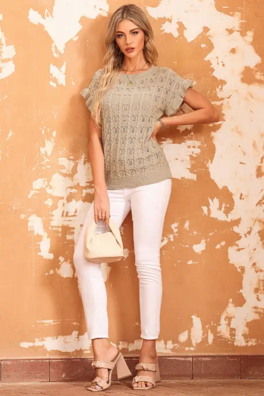 Khaki ruffle short sleeves cable knit textured top - t-shirts