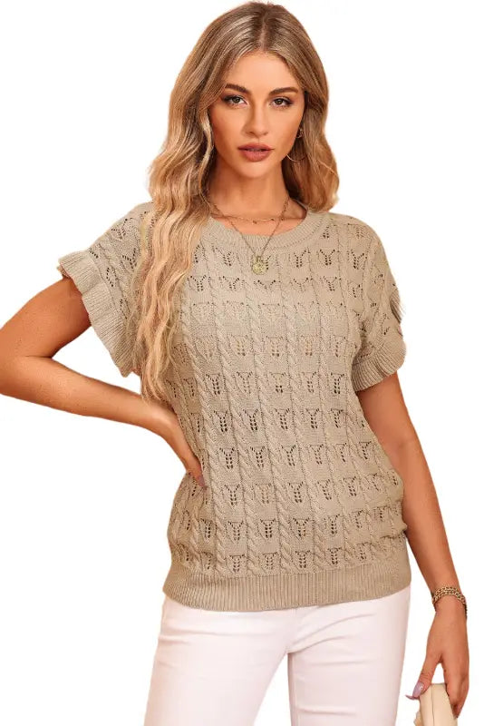 Khaki ruffle short sleeves cable knit textured top - t-shirts