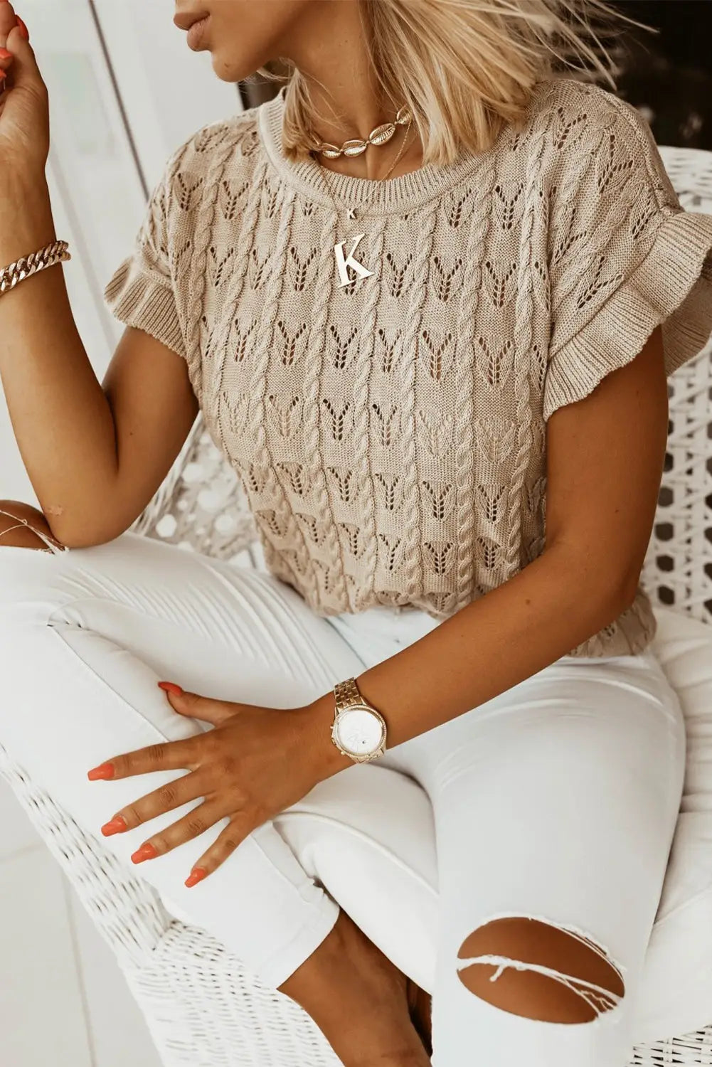 Khaki ruffle short sleeves cable knit textured top - t-shirts