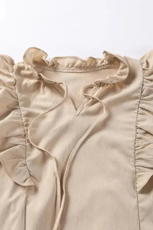 Khaki Ruffled Lace up Bubble Sleeve Blouse - Fashionfitz