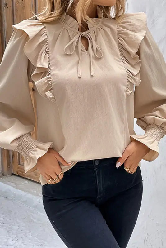 Khaki ruffled lace up bubble sleeve blouse - tops