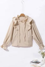 Khaki Ruffled Lace up Bubble Sleeve Blouse - Fashionfitz