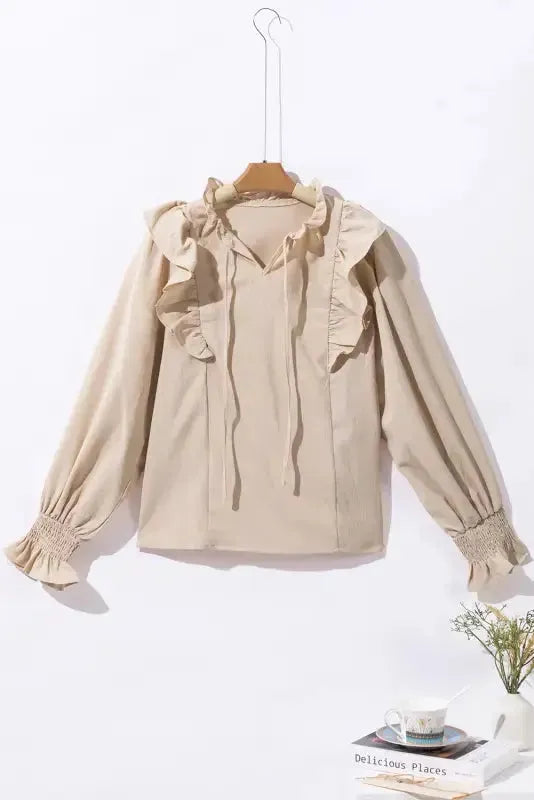 Khaki Ruffled Lace up Bubble Sleeve Blouse - Fashionfitz