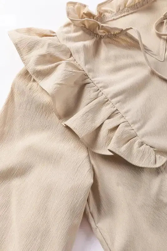 Khaki Ruffled Lace up Bubble Sleeve Blouse - Fashionfitz