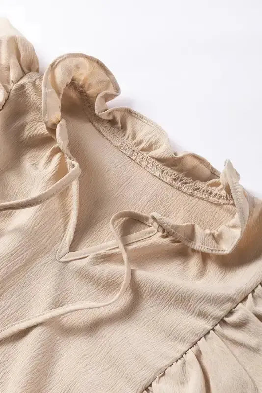Khaki Ruffled Lace up Bubble Sleeve Blouse - Fashionfitz