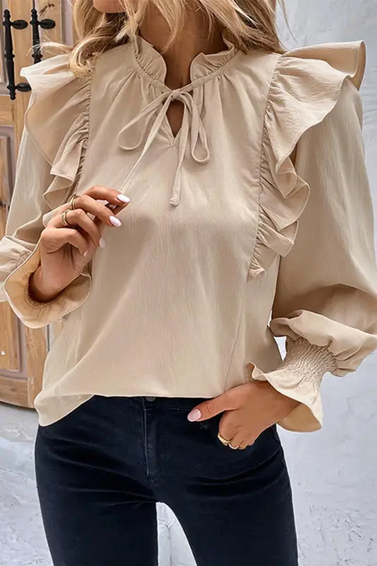 Khaki ruffled lace up bubble sleeve blouse - tops