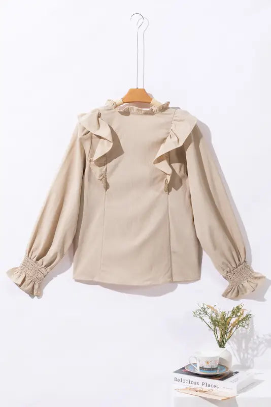 Khaki ruffled lace up bubble sleeve blouse - tops