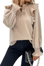 Khaki Ruffled Lace up Bubble Sleeve Blouse - Fashionfitz