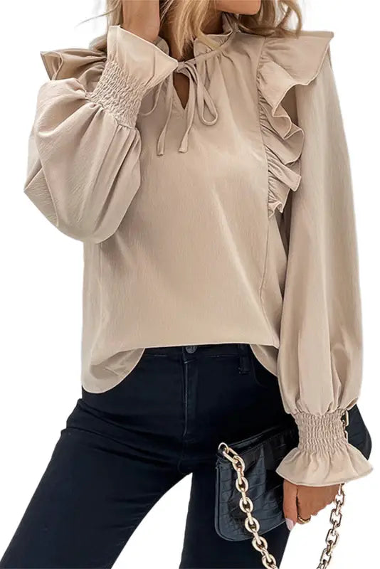 Khaki ruffled lace up bubble sleeve blouse - tops