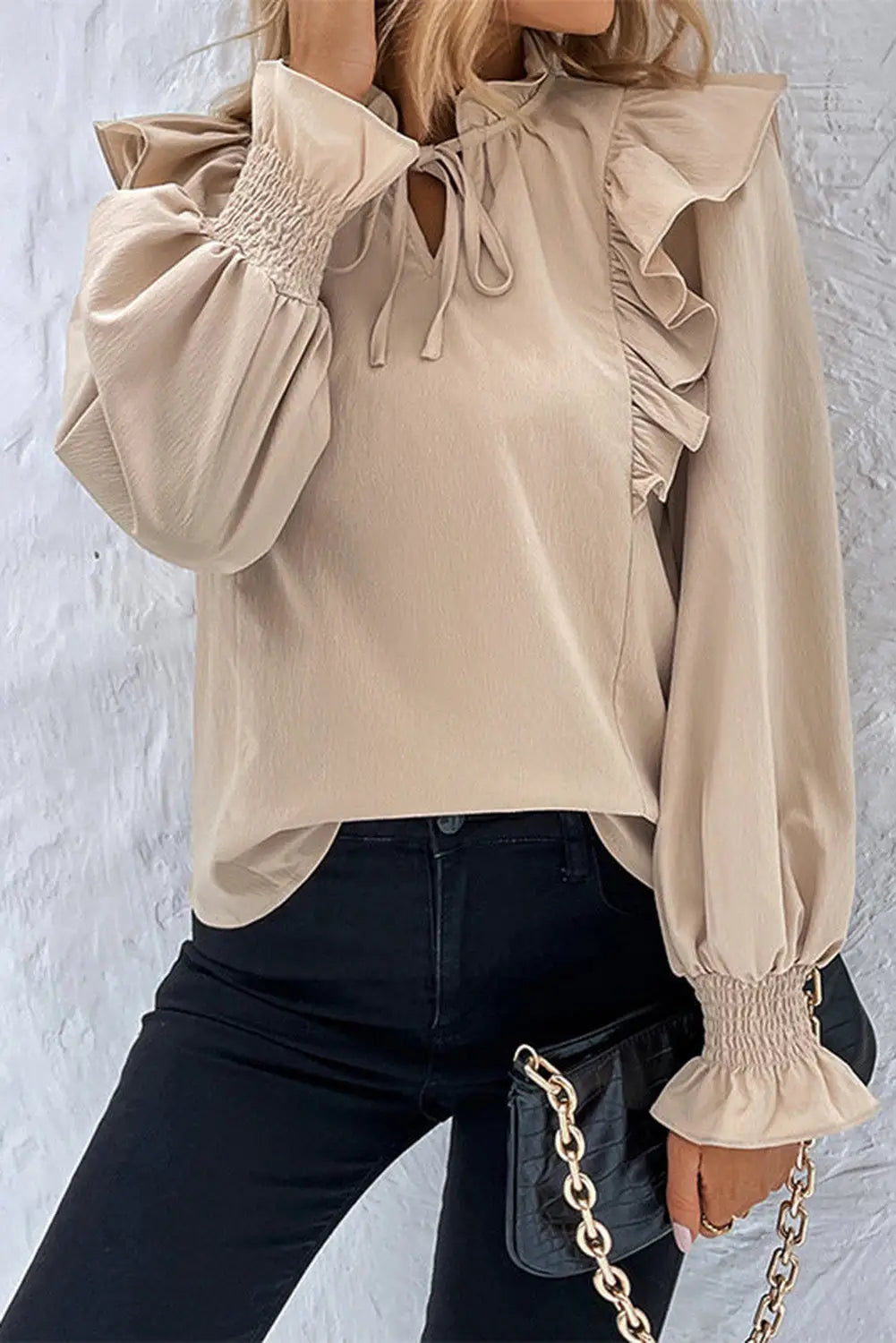 Khaki ruffled lace up bubble sleeve blouse - s / 100% polyester - tops