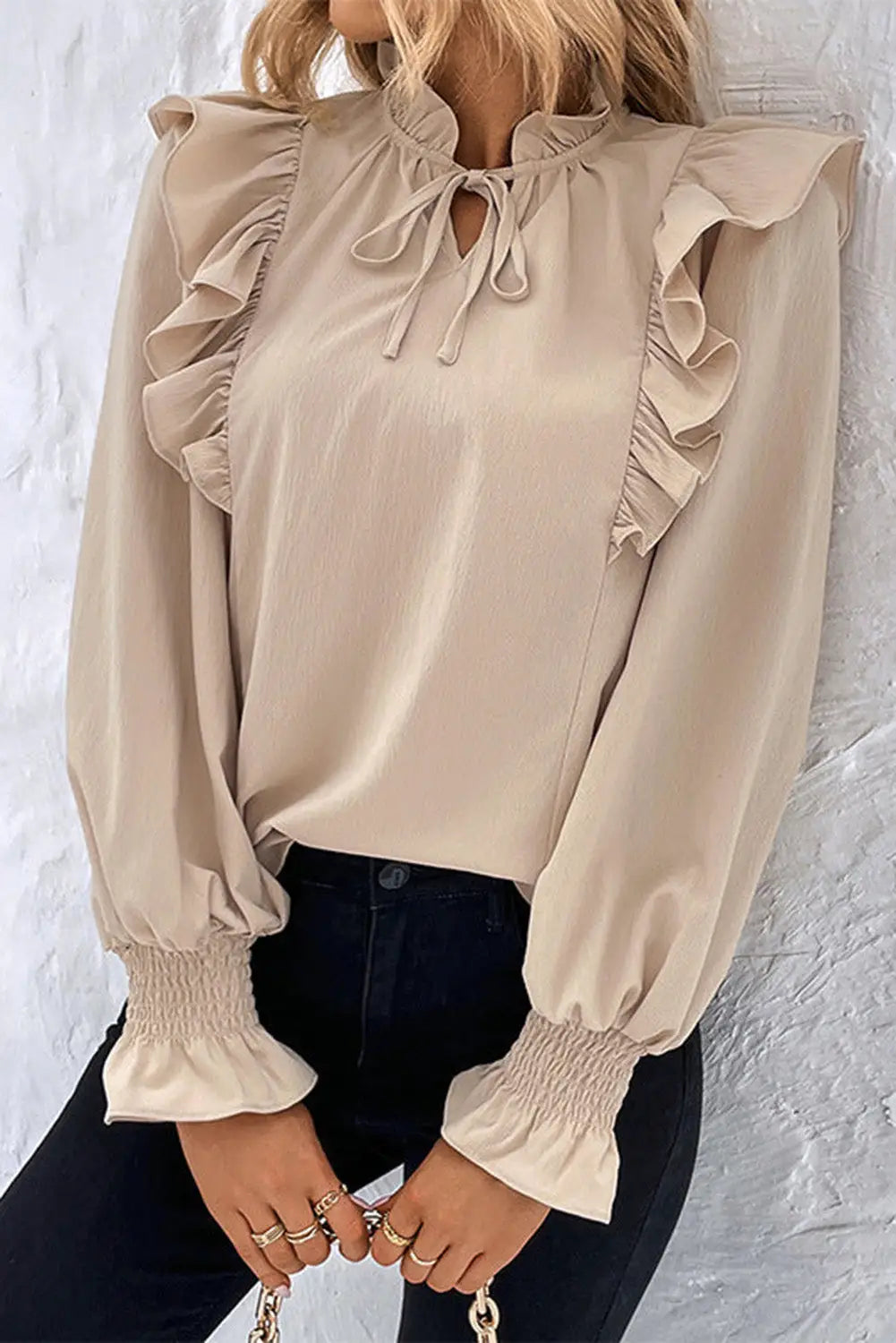 Khaki ruffled lace up bubble sleeve blouse - tops