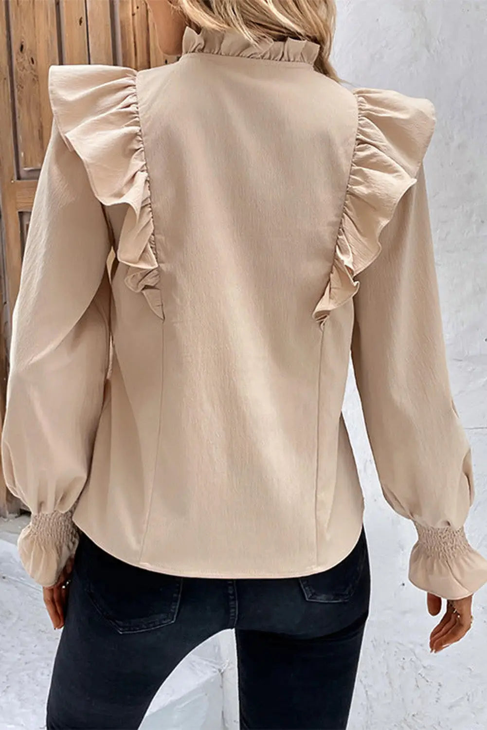 Khaki ruffled lace up bubble sleeve blouse - tops