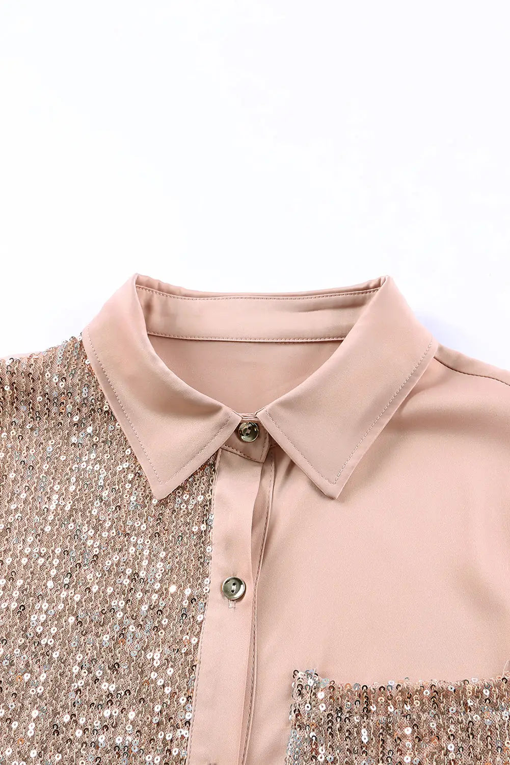 Khaki sequin splicing pocket buttoned shirt dress - mini dresses