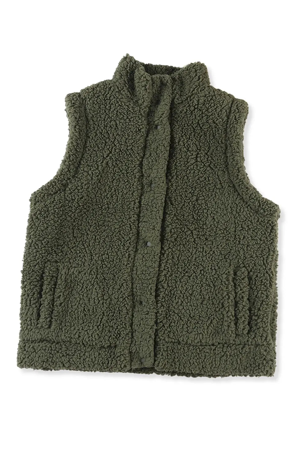 Khaki snap button pocketed sherpa vest jacket - vests