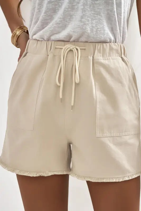 Khaki solid color drawstring frayed hem pocketed shorts