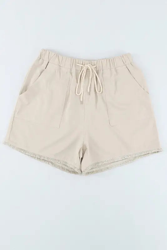 Khaki solid color drawstring frayed hem pocketed shorts